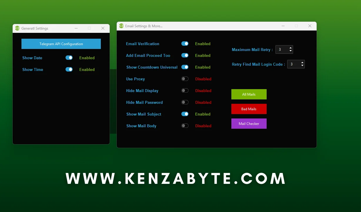 Telegram account creator API integration and Gmail configuration setup options interface
