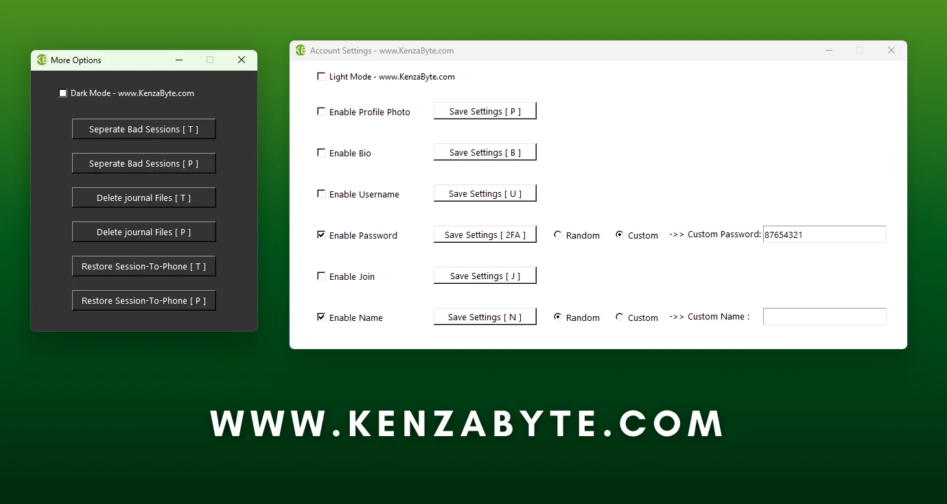 Telegram account creator profile configuration with custom name setup password control and session file recovery options
